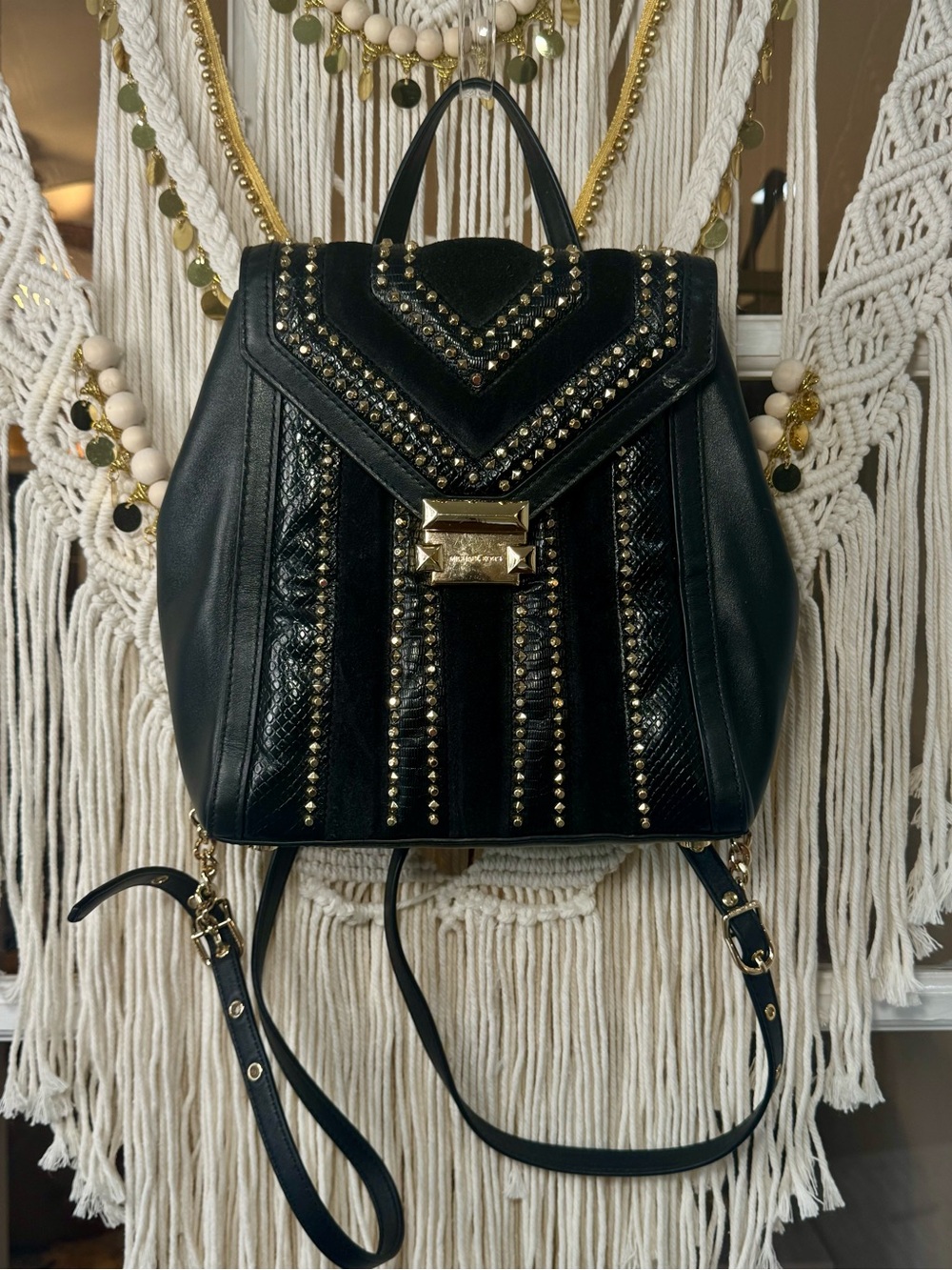 NEW Michael Kors Whitney Black Backpack Purse Bag with Gold Stud Detailing